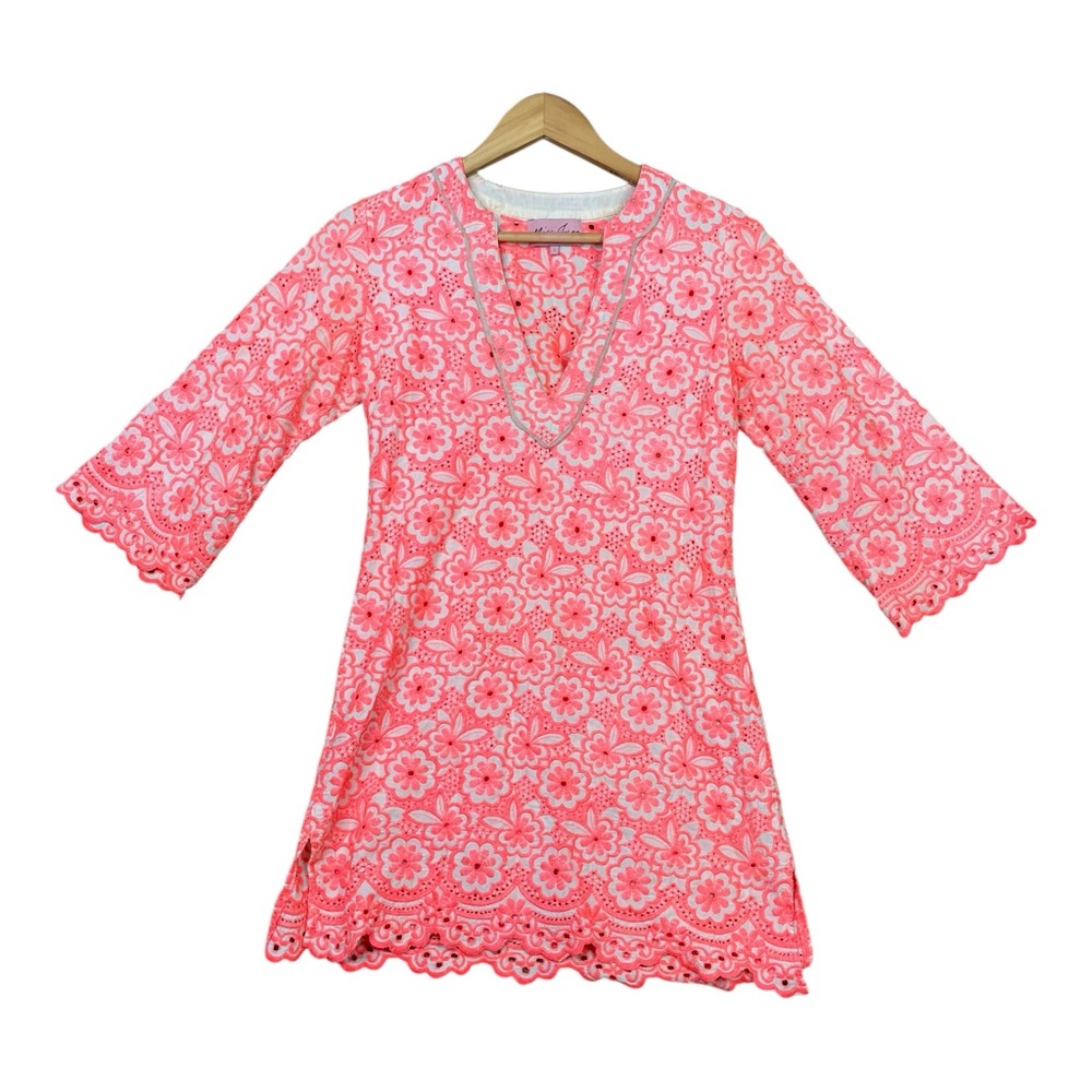 Miss June Paris Dress A Line Mini Boho Pink Size 1 Loose Fit Eyelet V Neck